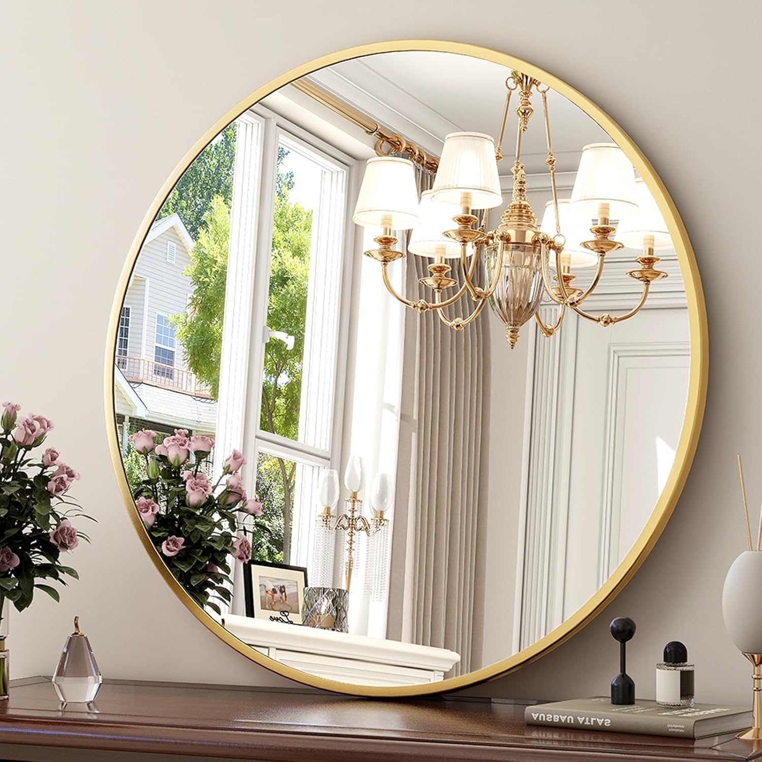 Round Modern Black Wall Mirror — 30" — Round-gold