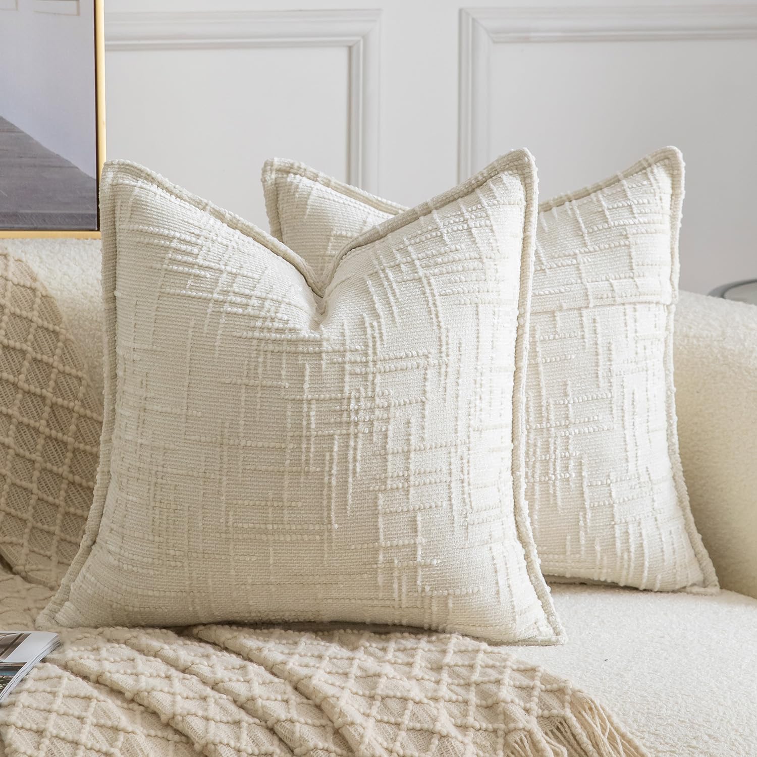 Chenille Boho Beige Throw Pillow Cover — 18" — Cream White