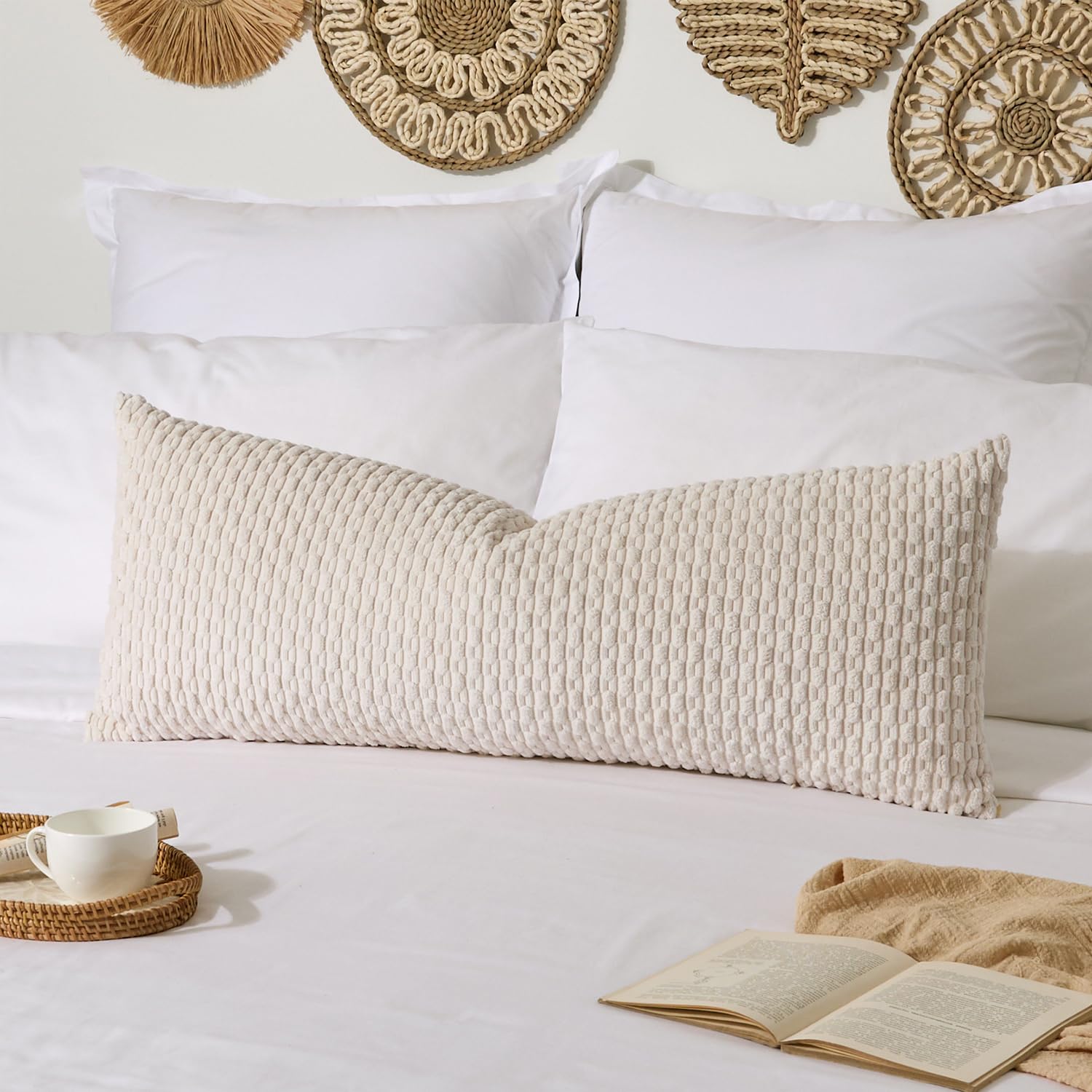 Lumbar Boho Beige Throw Pillow Cover — 36"