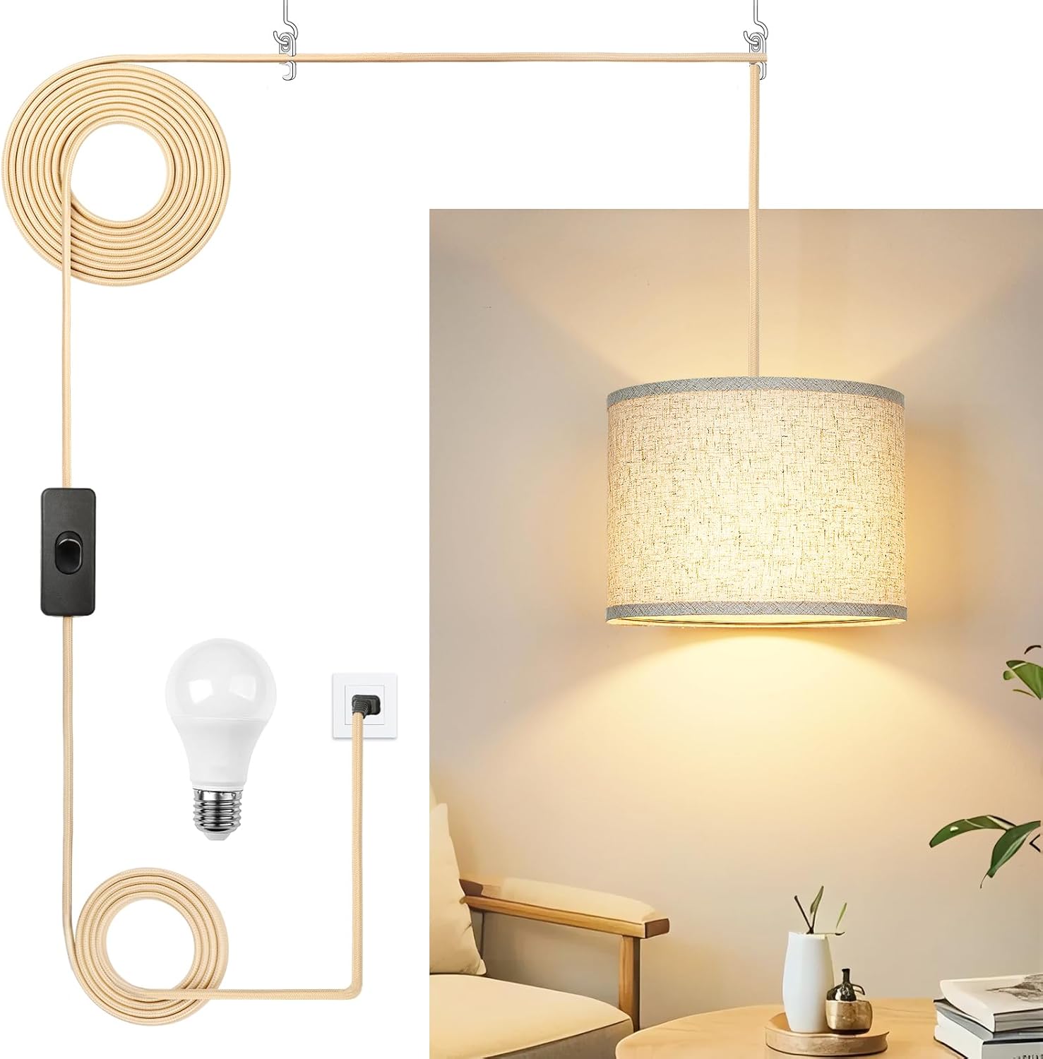 Dimmable Boho Fabric Pendant Light — Beige Linen/1