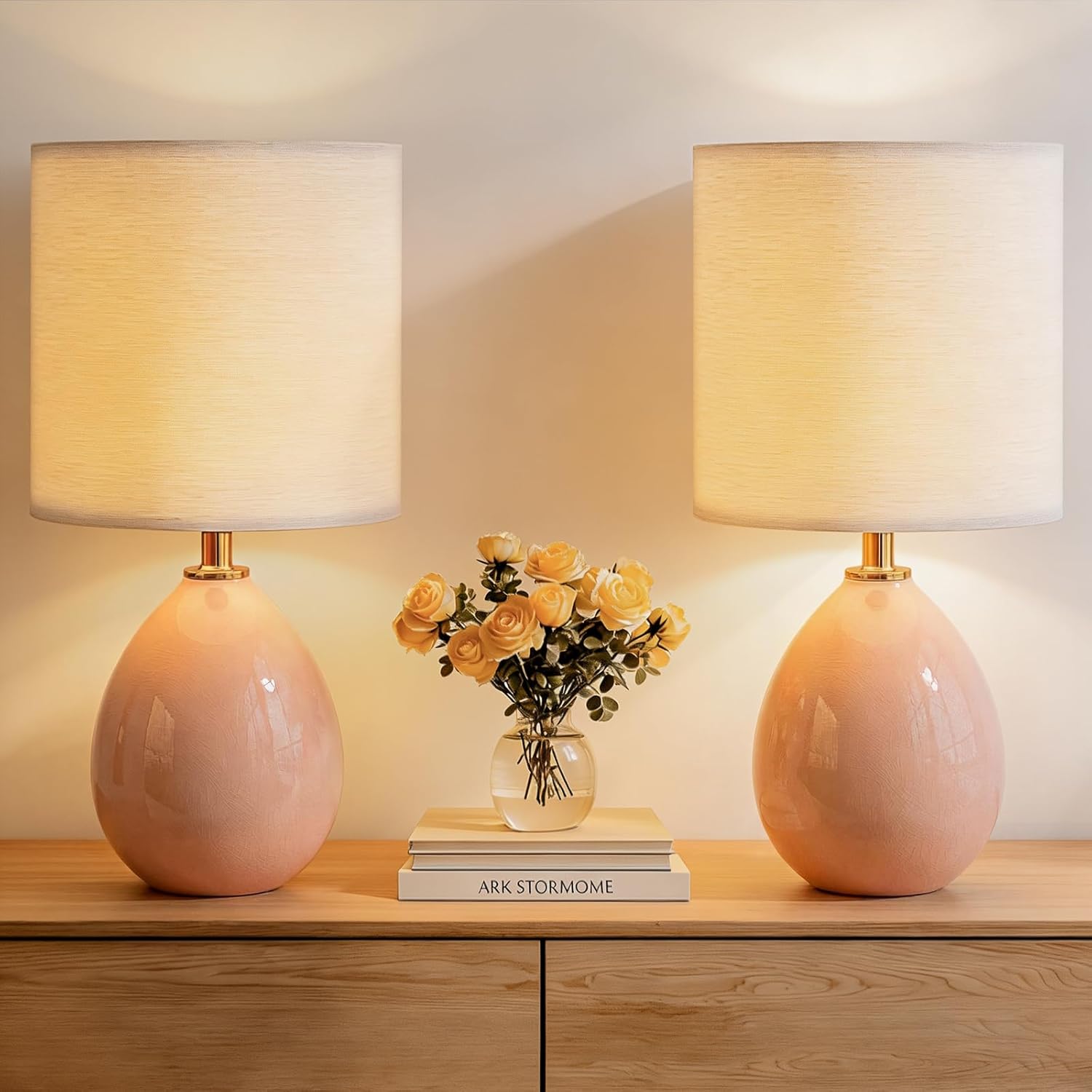 Mid-Century Beige Bedside Lamp — Pink