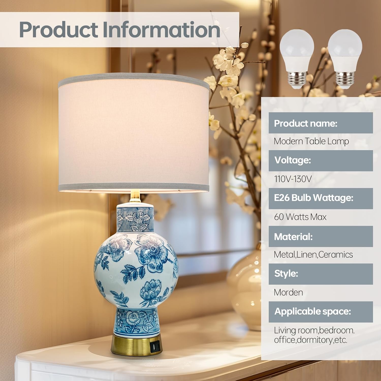 USB Modern Metal Bedside Lamp - View 2