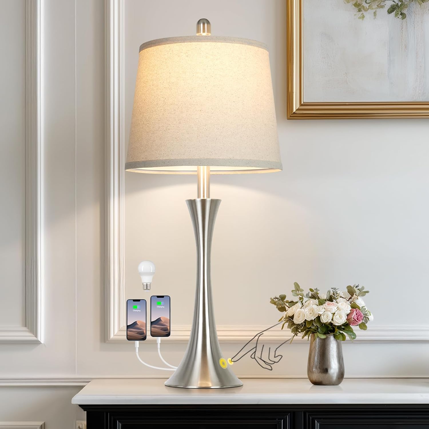 Dimmable Black Bedside Lamp — 27.5" — Silver (1 Pack)