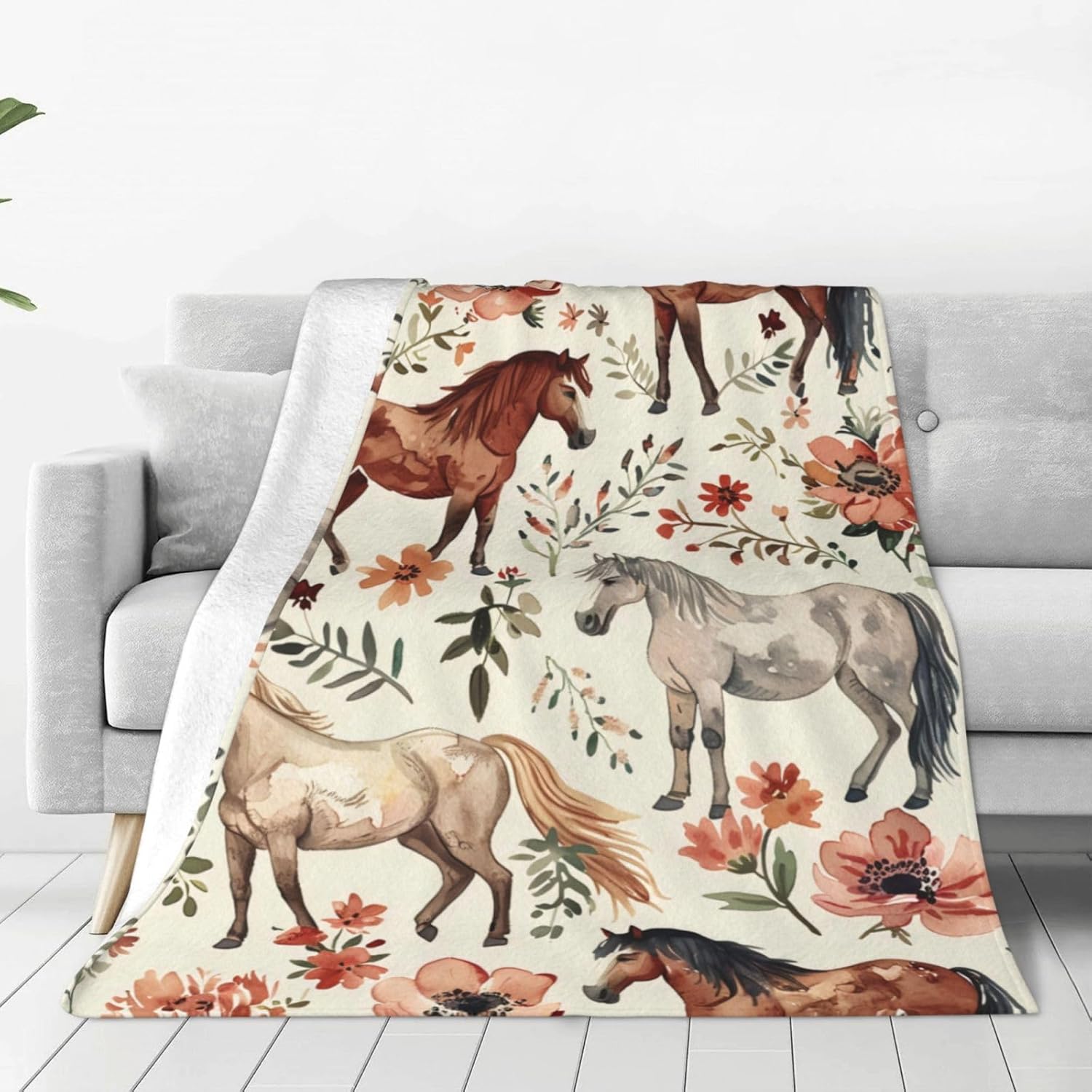 Black Throw Pillow — 50" — Horse and Flowers