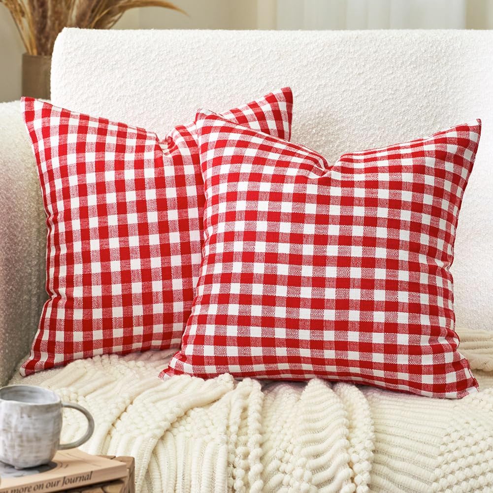 Farmhouse Beige Pillow Cover — 20" — Red & White Gingham Set of 2
