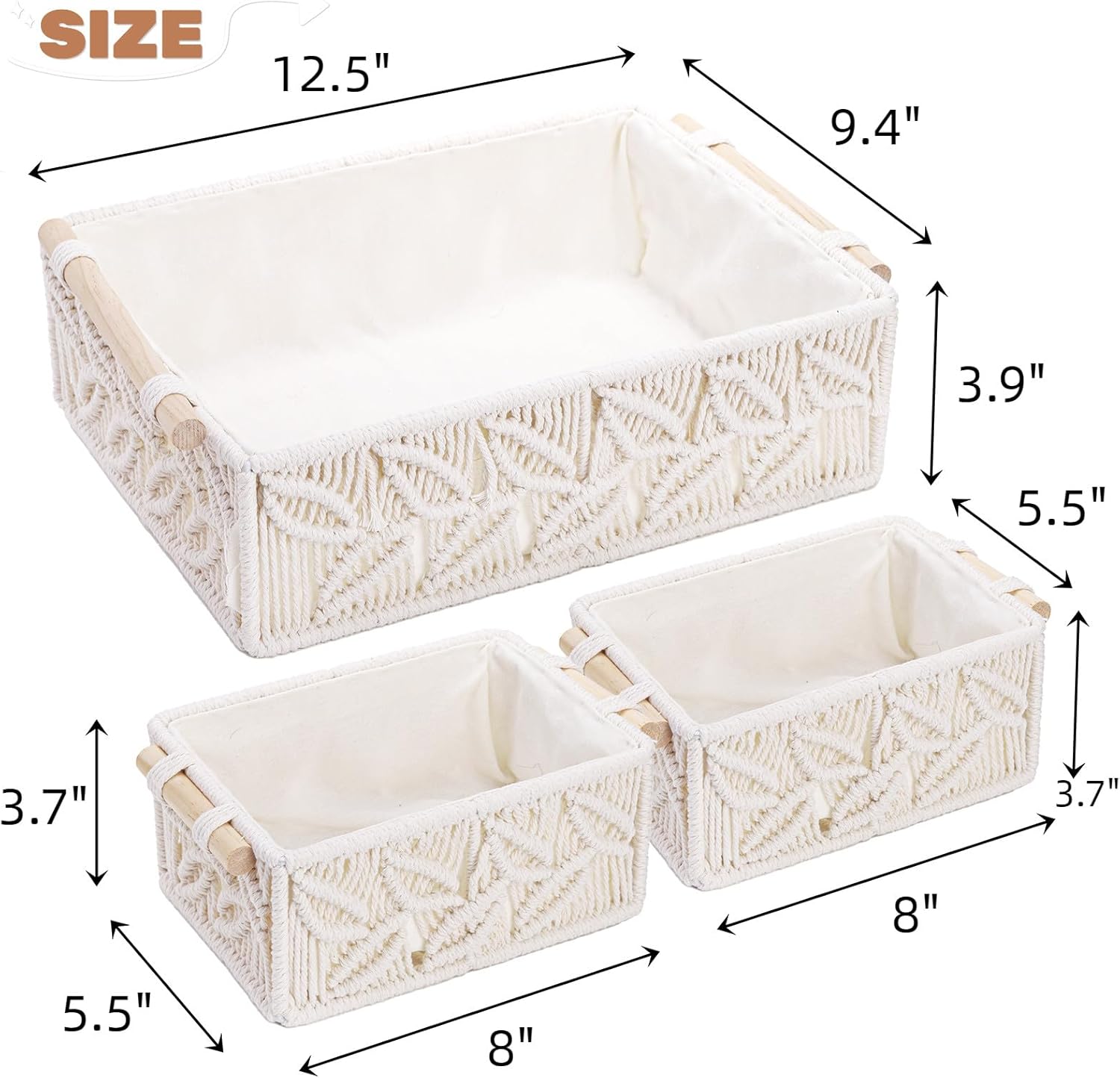 Boho Wood Storage Basket — Set of 3 - View 2