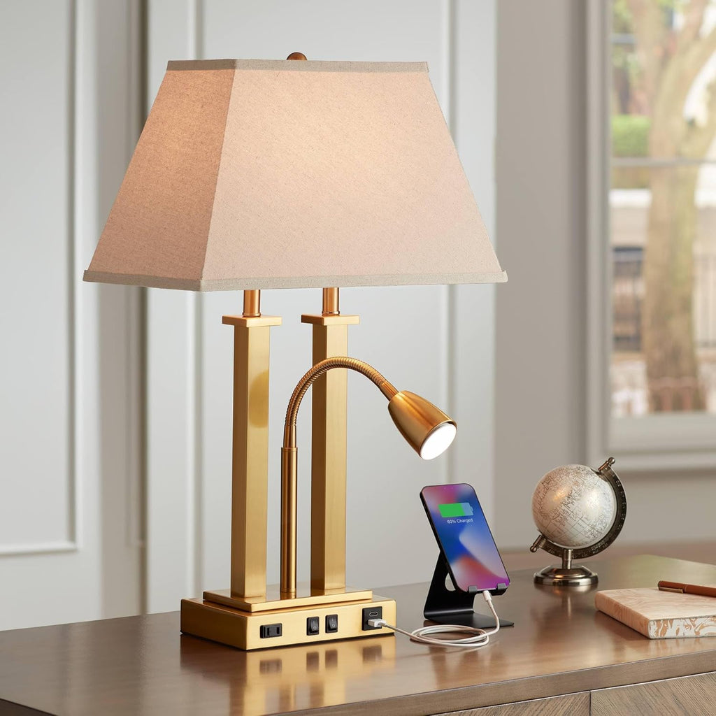 USB Luxe Black Table Lamp — 26" — Gold Brass