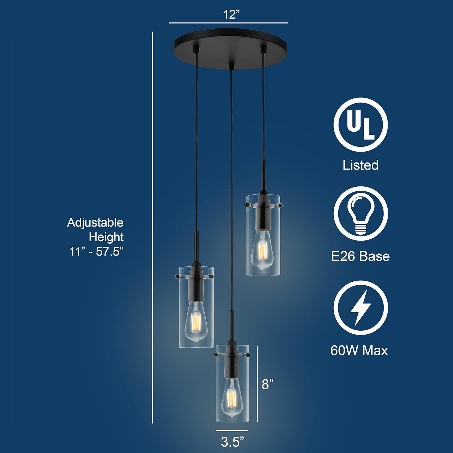 Modern Black Chandelier — 3-Light - View 6