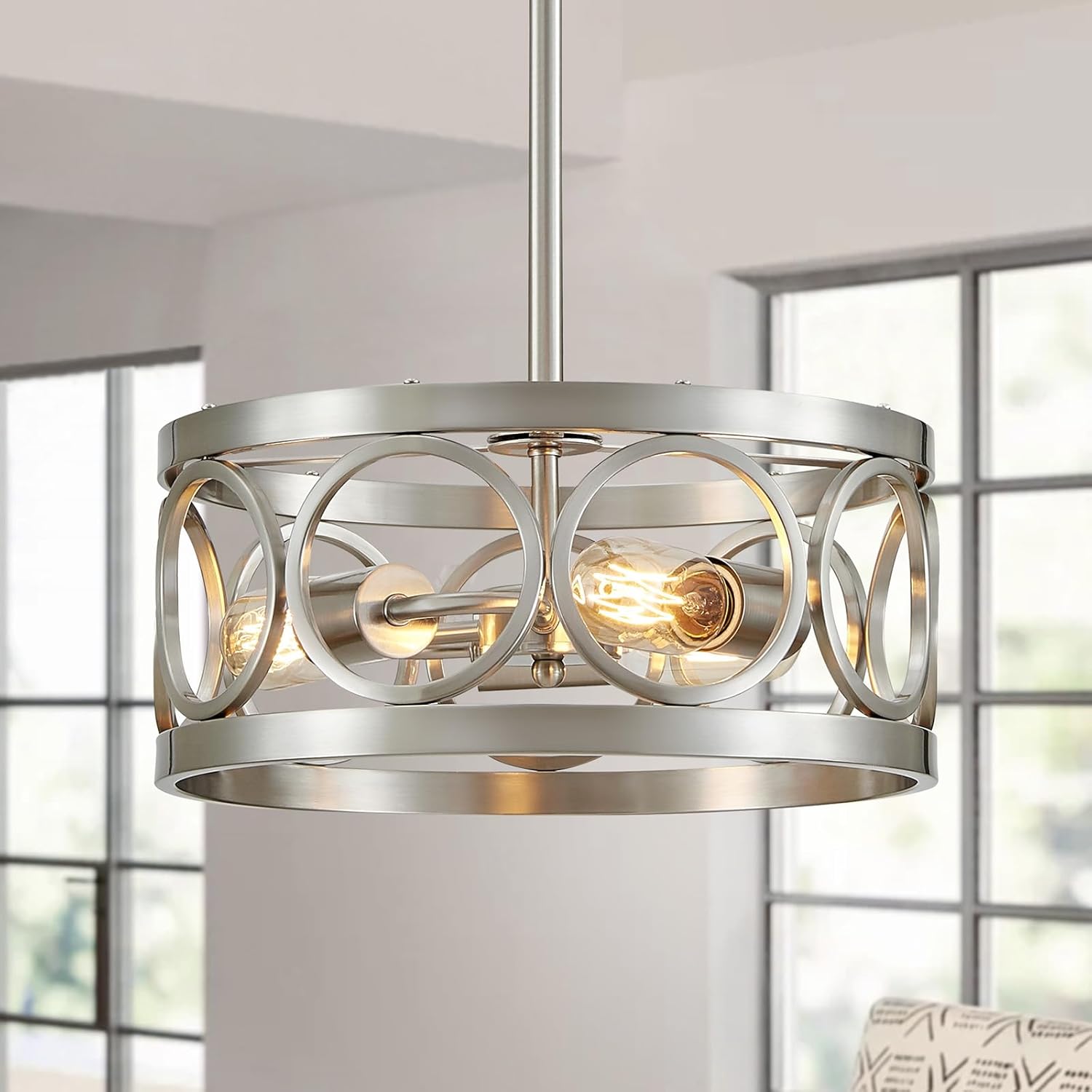 Adjustable Farmhouse Black Chandelier — 3-Light — Brushed Nickel Drum Ceiling-3 Light