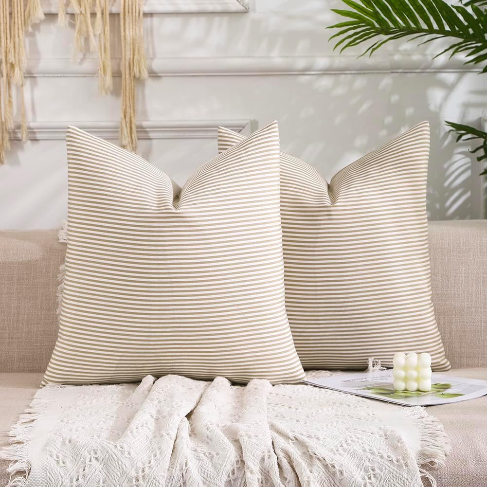 Boho Beige Throw Pillow Cover — 18" — Khaki Stripe
