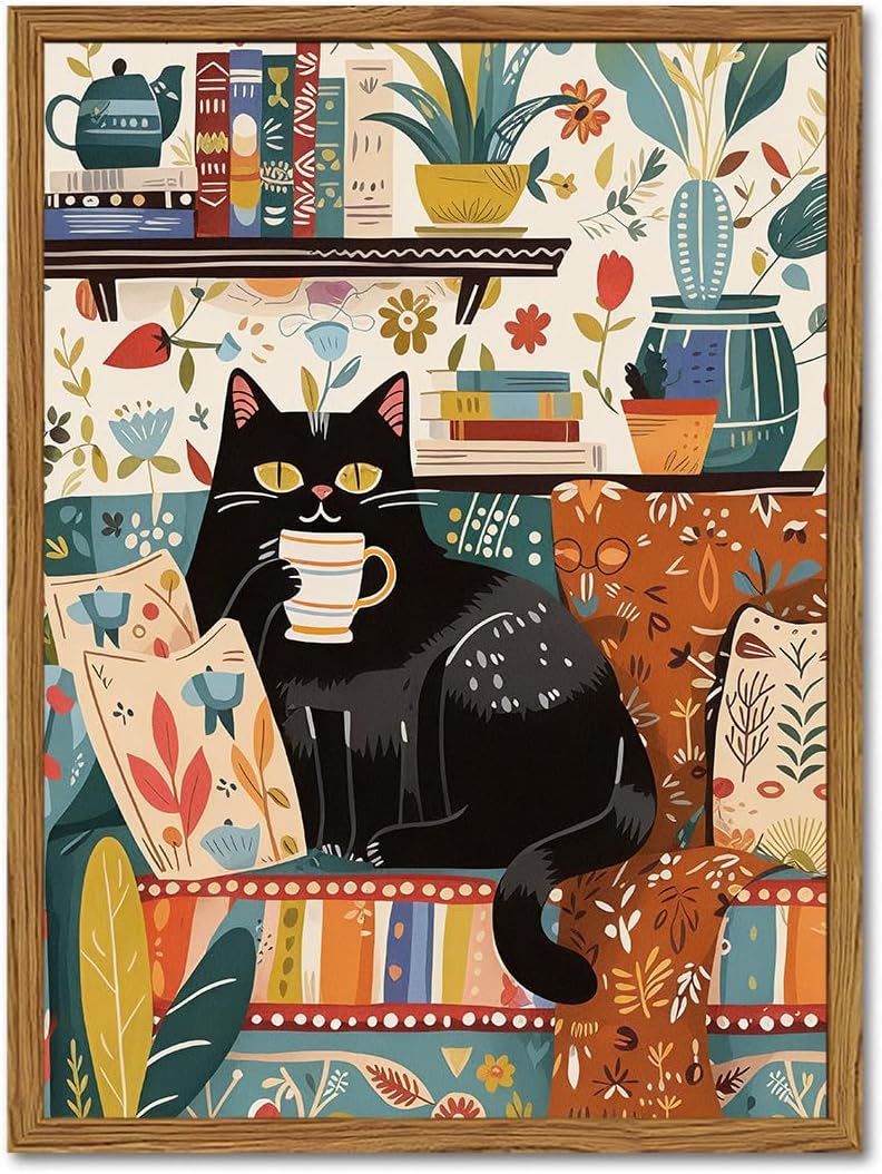 Framed Black Canvas Wall Art — 16" — Coffee Cat