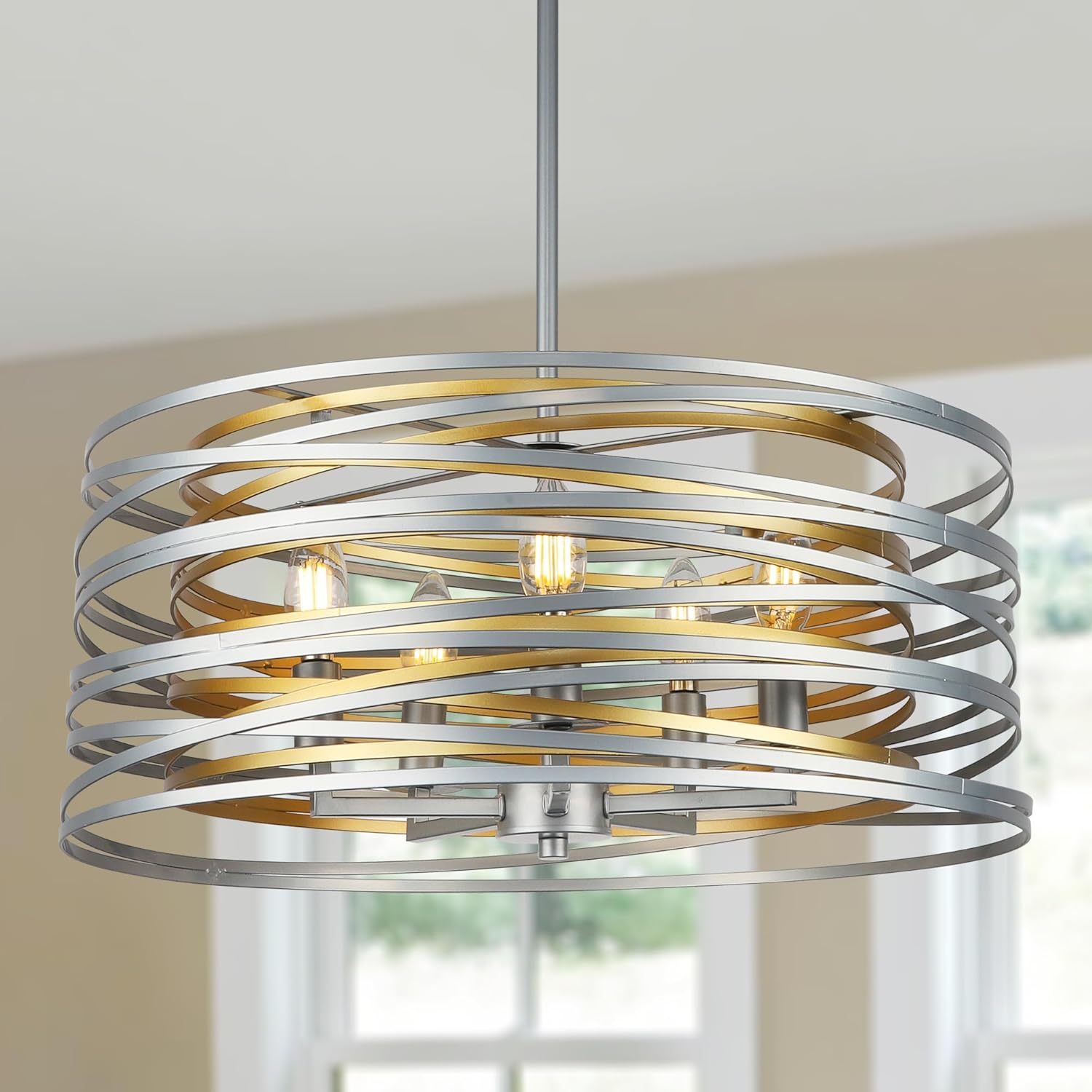 Round Farmhouse Black Chandelier — 6-Light — Silver with Gold Interior