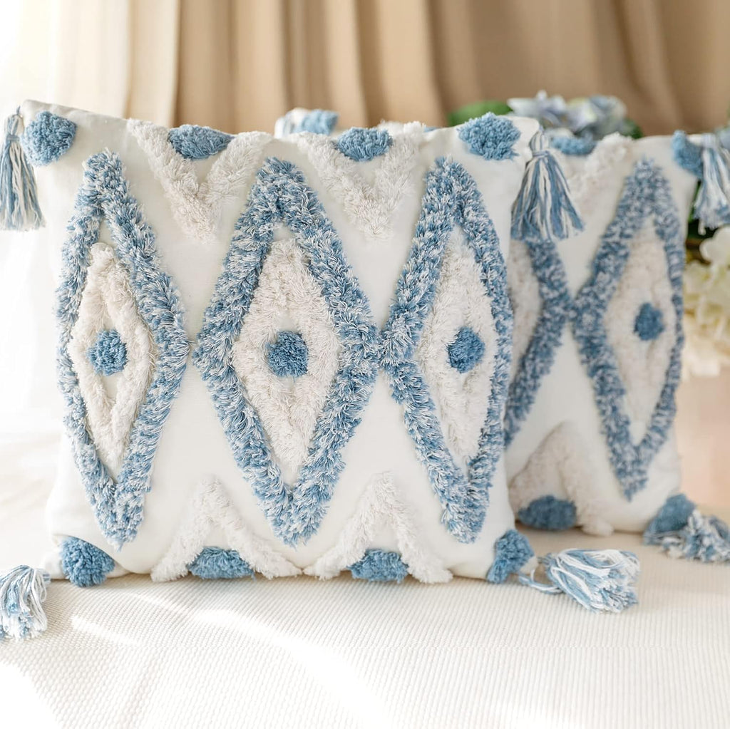 Tufted Boho Blue Throw Pillow Cover — 18" — Blue