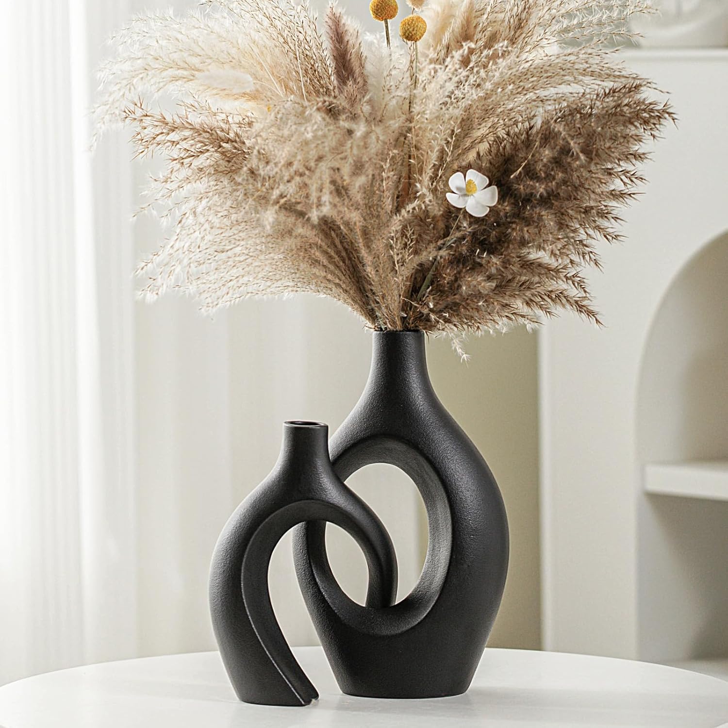 Boho Beige Flower Vase — Set of 2 — Super Large-matte Black