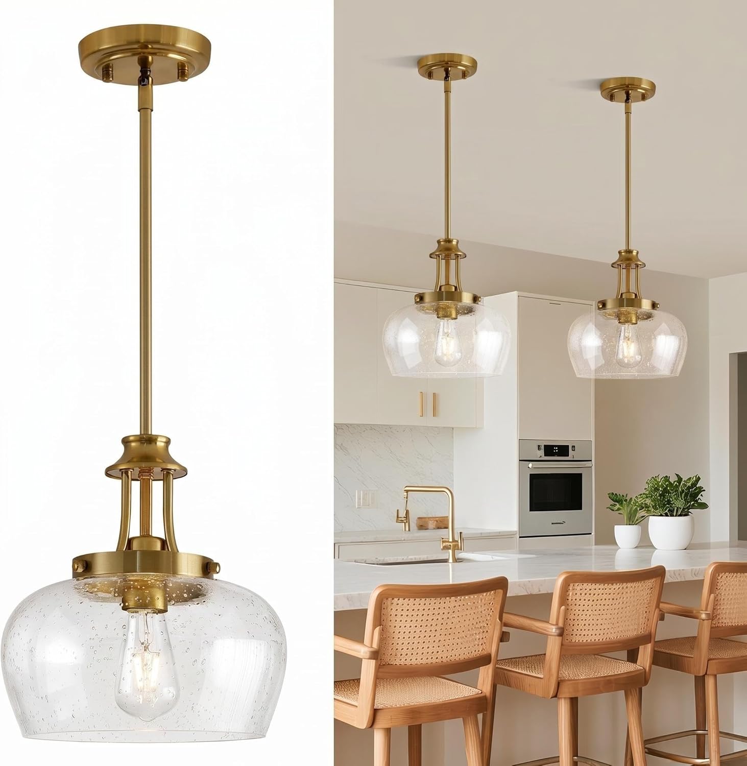Modern Black Pendant Light — 10" — 1 Pack-Brushed Gold+Clear Air Bubble Glass-10"(Easy to Install)