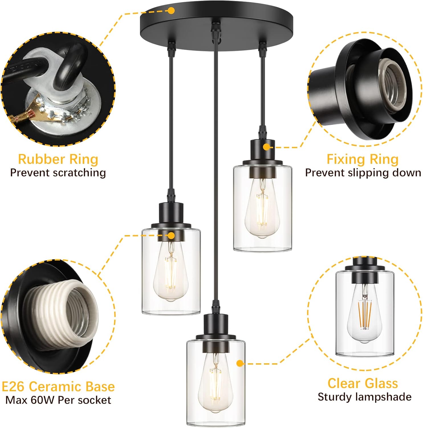 Adjustable Black Pendant Light — 3-Light - View 7
