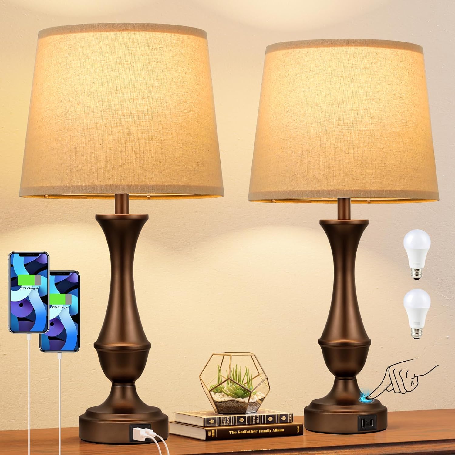 Dimmable Beige Bedside Lamp — Set of 2 — D. Oat Shade & Brown Base