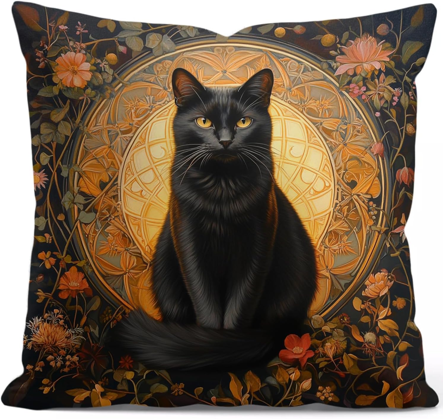 Vintage Boho Black Throw Pillow Cover — 18" — Black Cat3