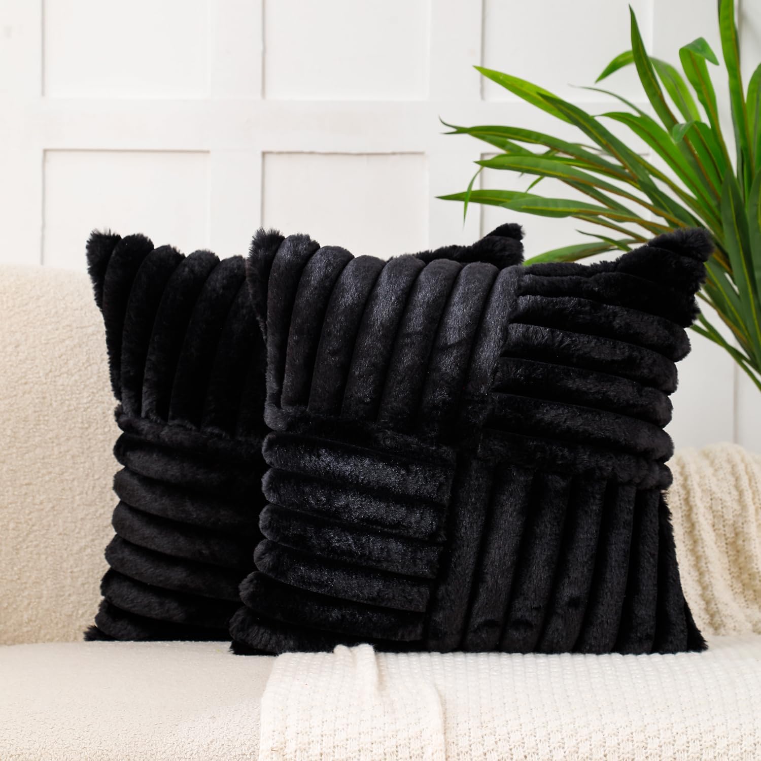 Velvet Boho Beige Throw Pillow Cover — 18" — Black