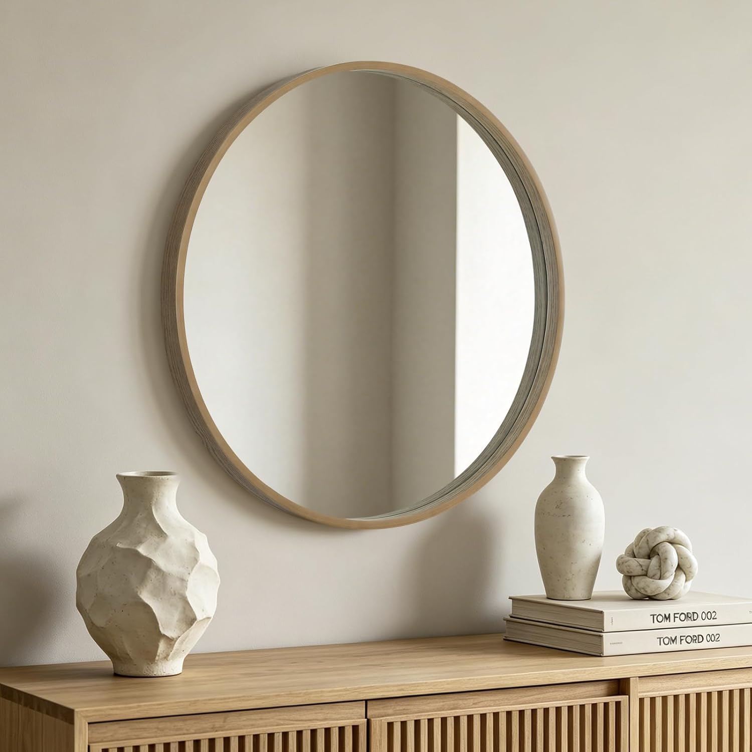 Framed Farmhouse Beige Wall Mirror — 24" — Honey