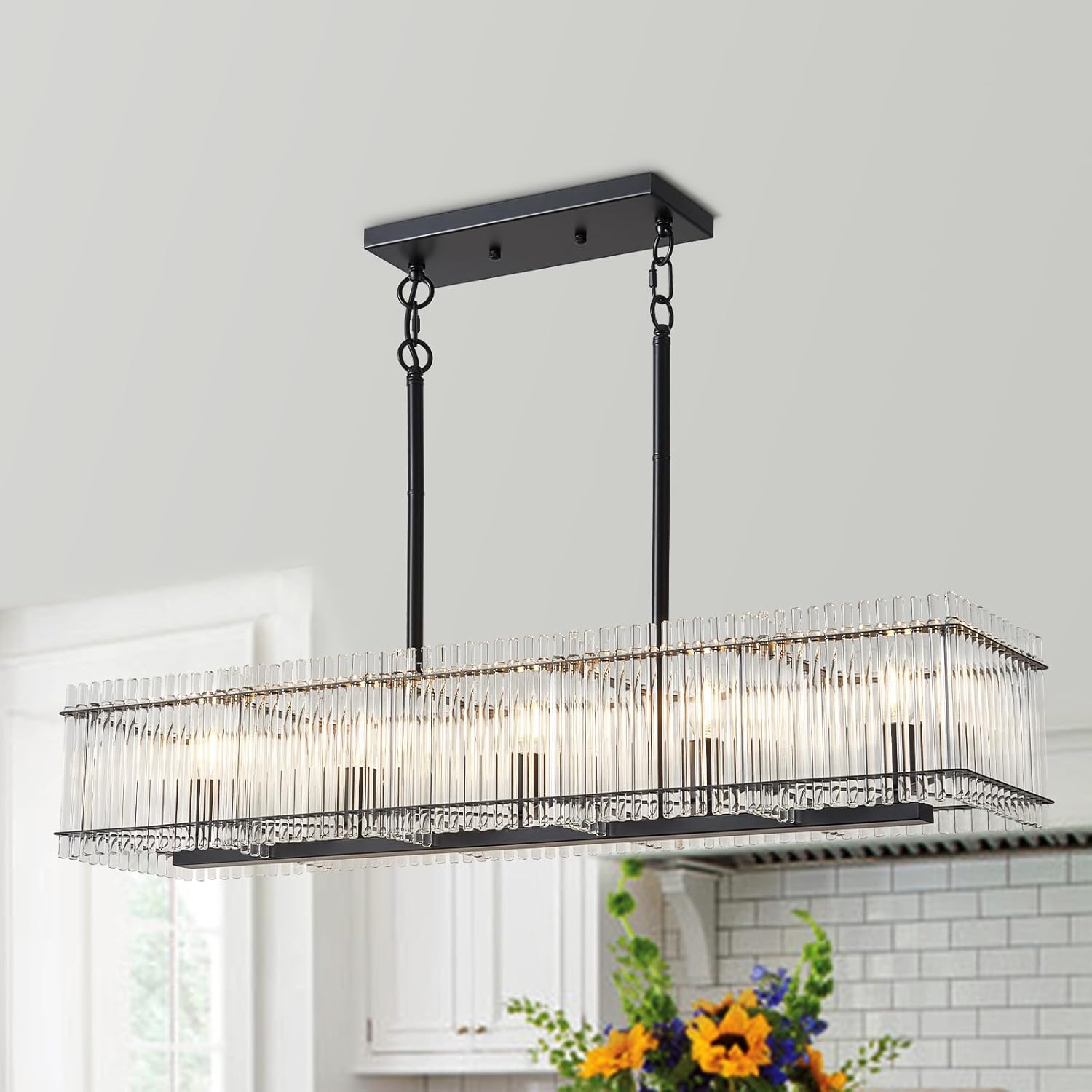 Adjustable Farmhouse Black Chandelier — 4-Light — Black & Crystal