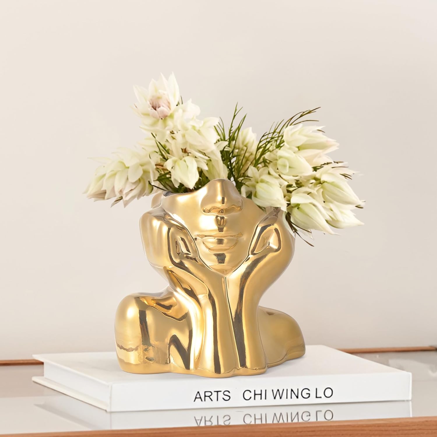 Modern Ceramic Flower Vase — Golden Hands on Cheeks