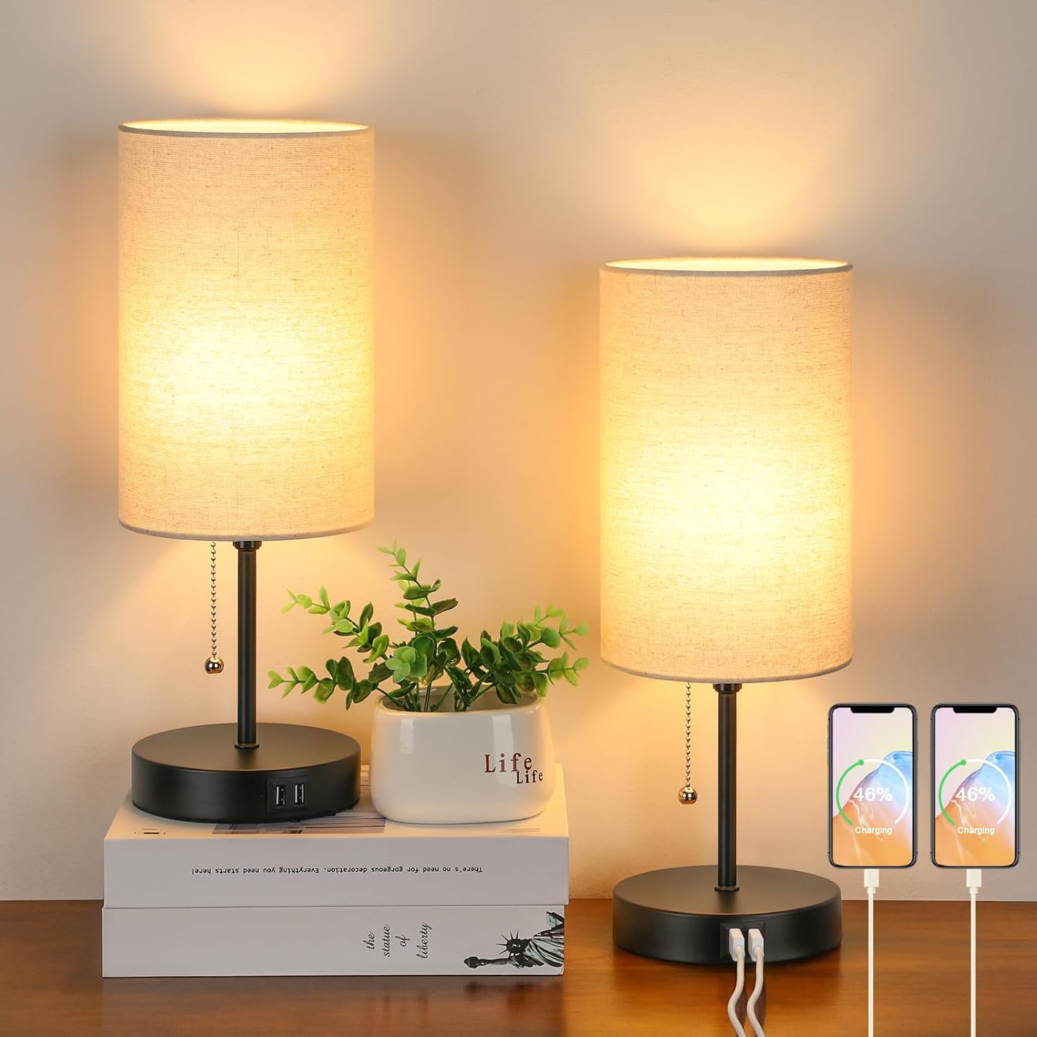 USB Modern Beige Desk Lamp — Set of 2 — Light Cream
