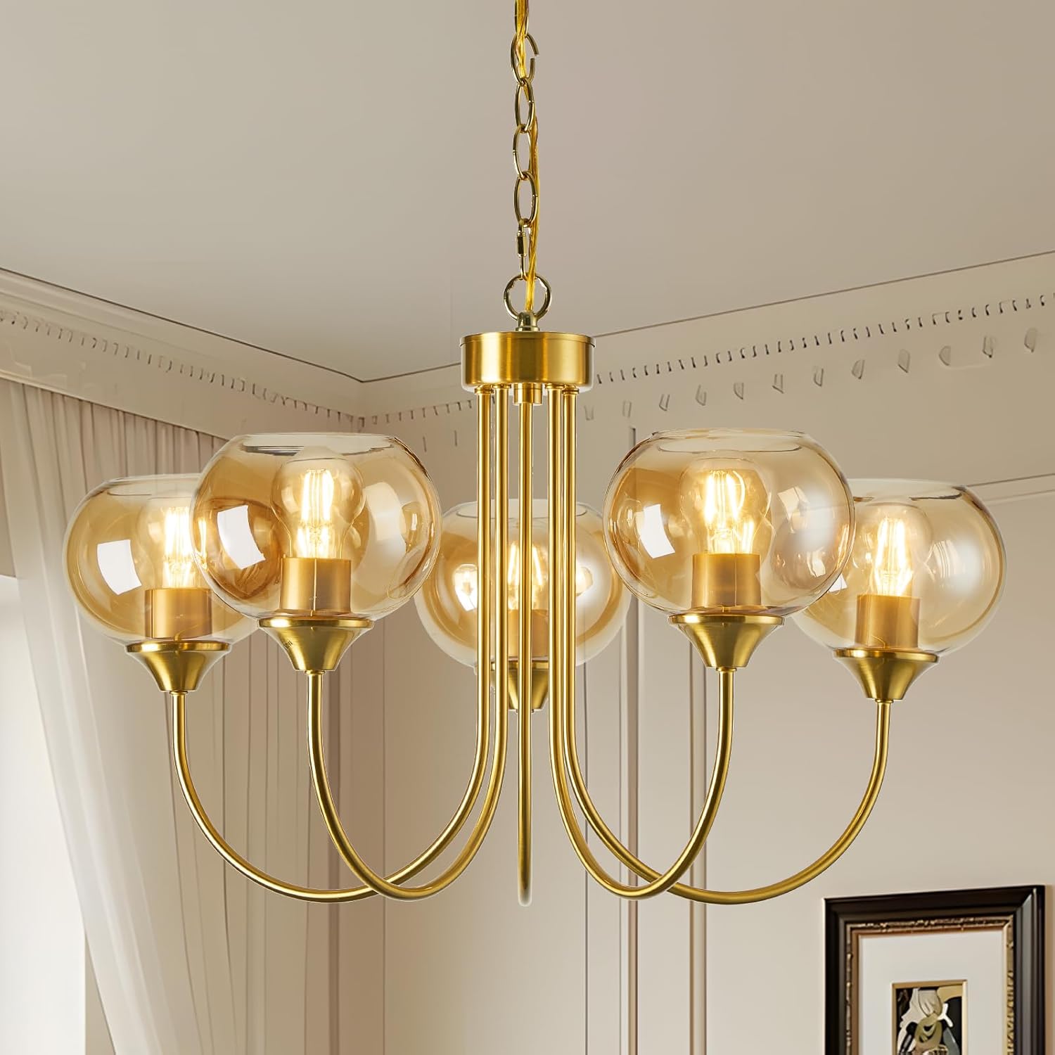 Vintage Luxe Orange Chandelier — 5-Light — Chain - Amber 5 Lights