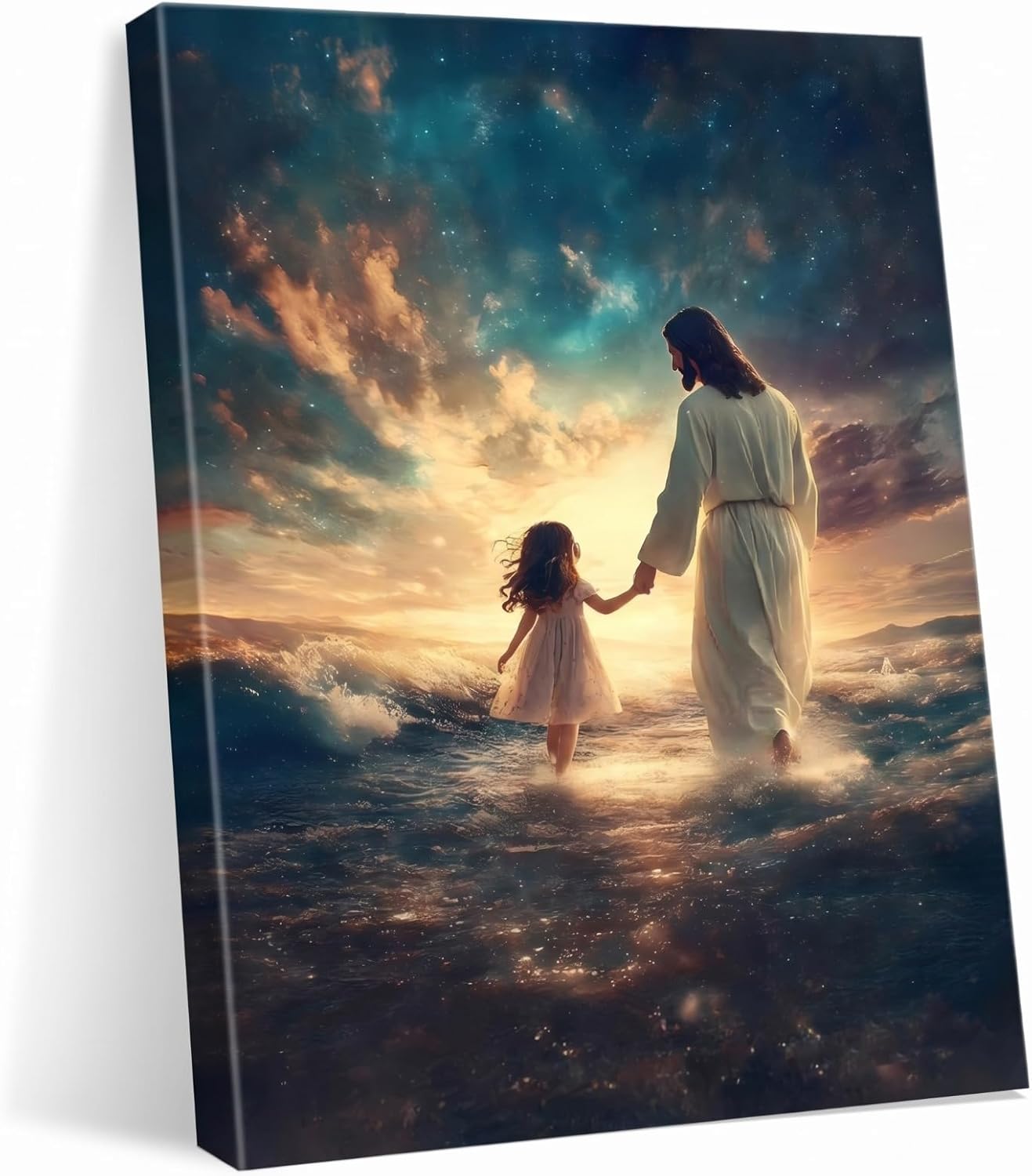 Luxe Blue Canvas Wall Art — 36" — Blue Jesus and Girl Canvas Art