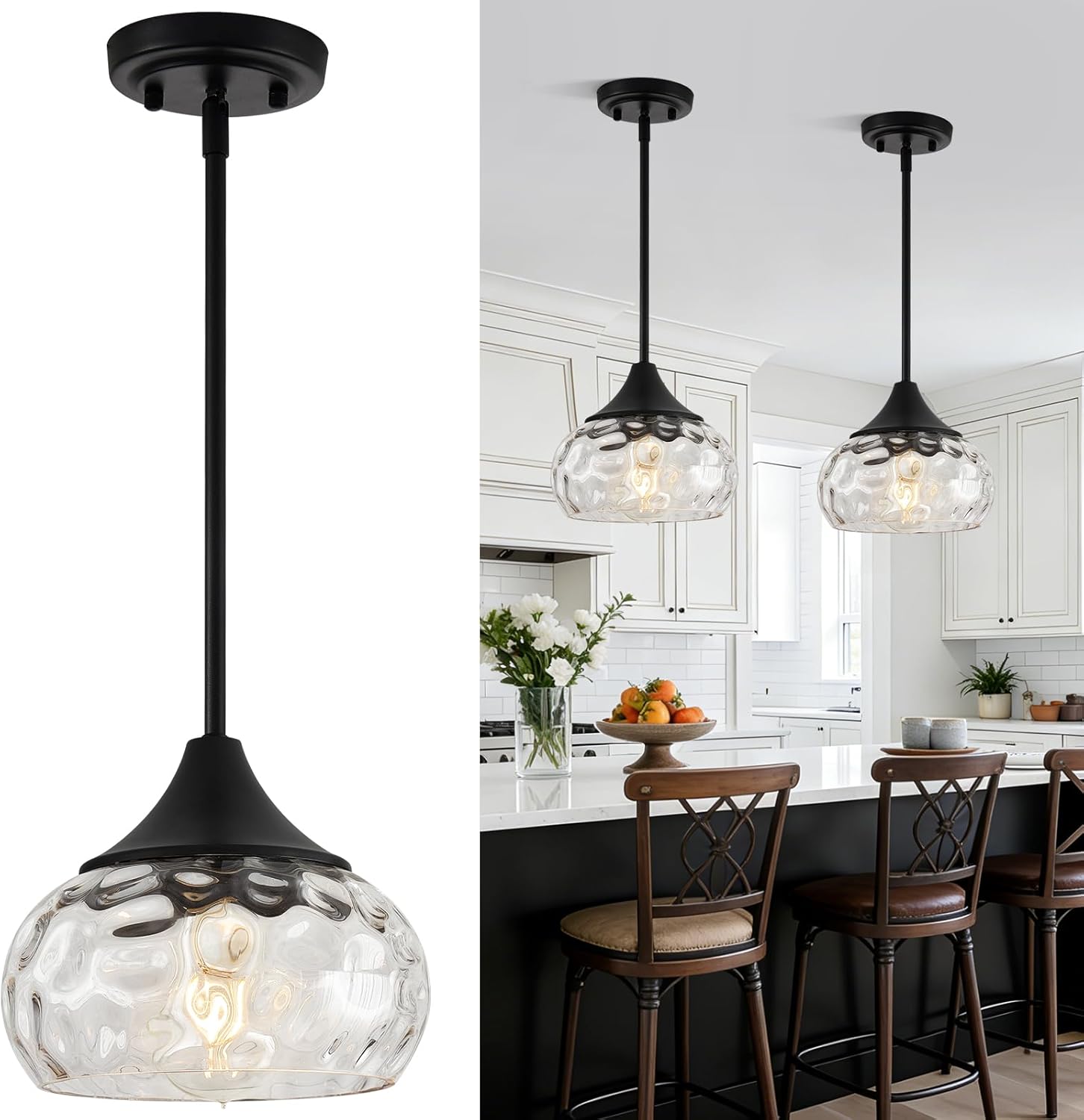 Modern Black Pendant Light — 8.5" — 1 Pack-Matte Black + Clear Hammered Glass