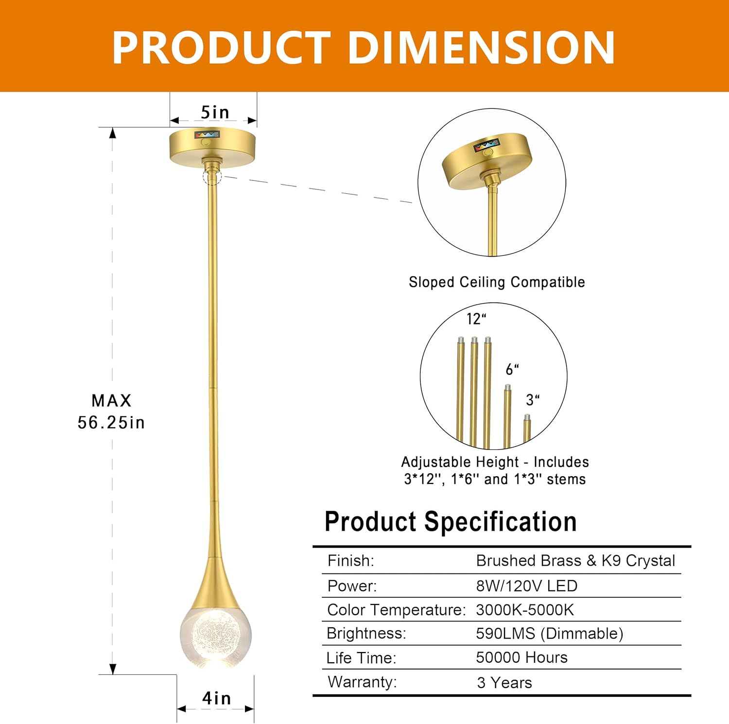 Dimmable Luxe Gold Pendant Light — 1-Light - View 5