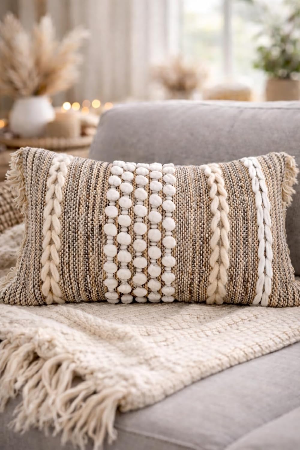 Tufted Boho Black Pillow Cover — 12x20 — Brown, Cream, Taupe, Beige, Multi-color, Neutral - Lumbar 12x20