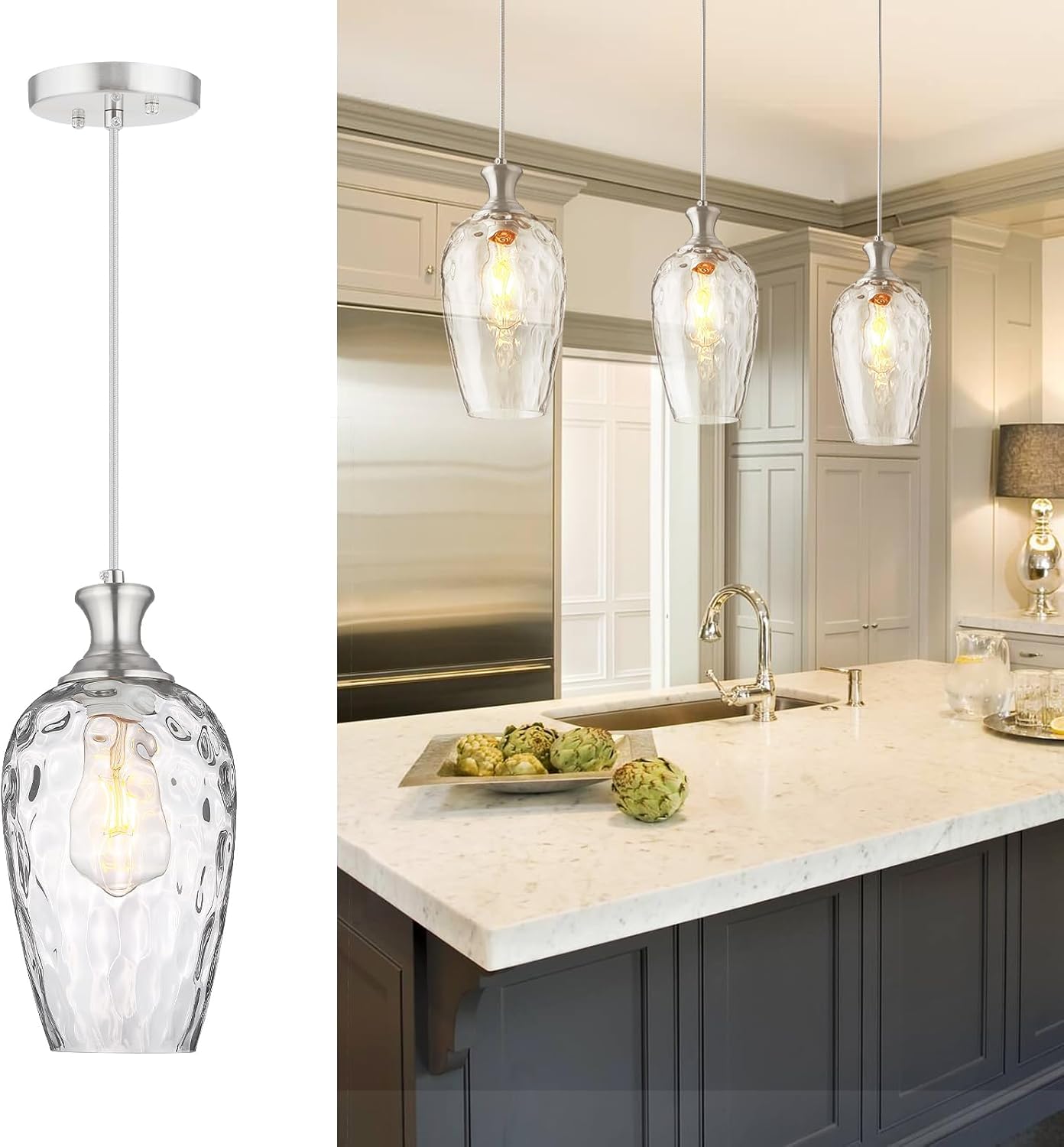 Farmhouse Black Pendant Light — 1-Light — Brushed Nickel + Clear Glass