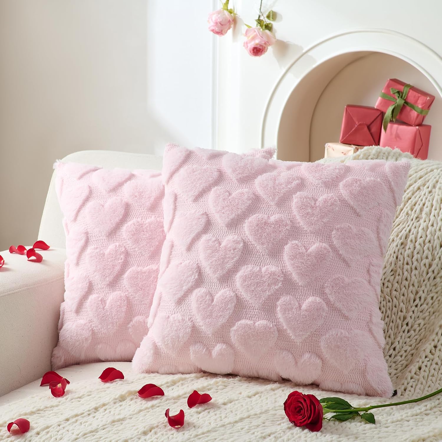 Velvet Boho Beige Throw Pillow Cover — 20" — Pink Heart