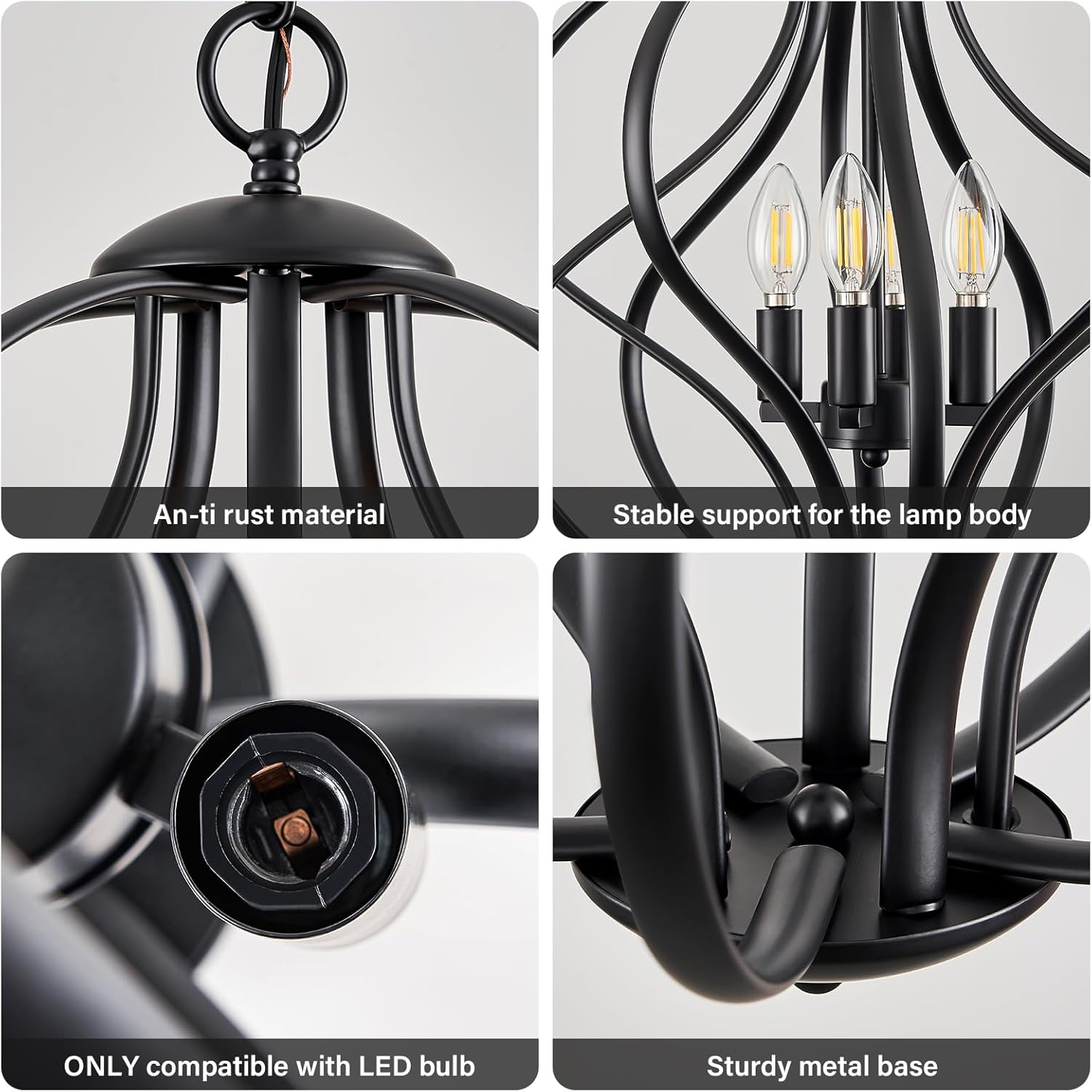 Modern Black Chandelier — 4-Light - View 7