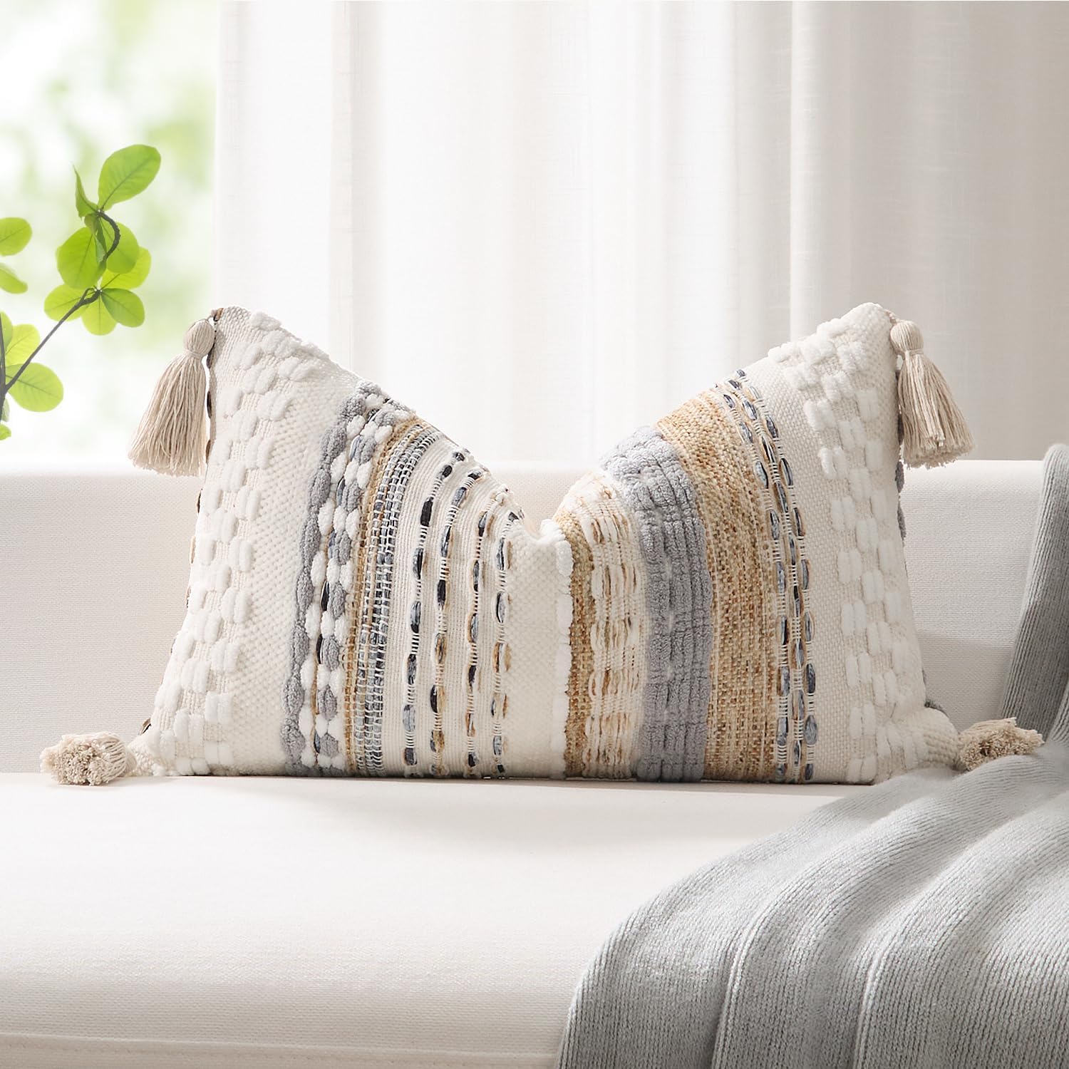 Tufted Boho Beige Throw Pillow Cover — 20" — 20" x 12" (Pack of 1)