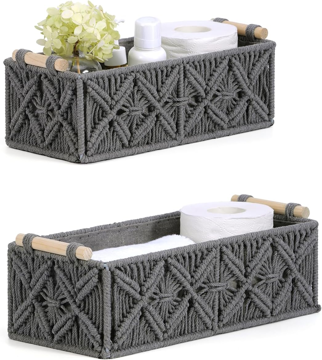 Boho Rattan Storage Basket — Set of 2 — Gray
