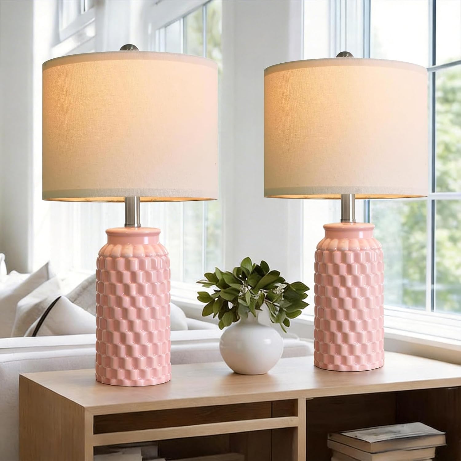 Farmhouse Beige Bedside Lamp — 20.5" — 20.5" Pink-2 Pack