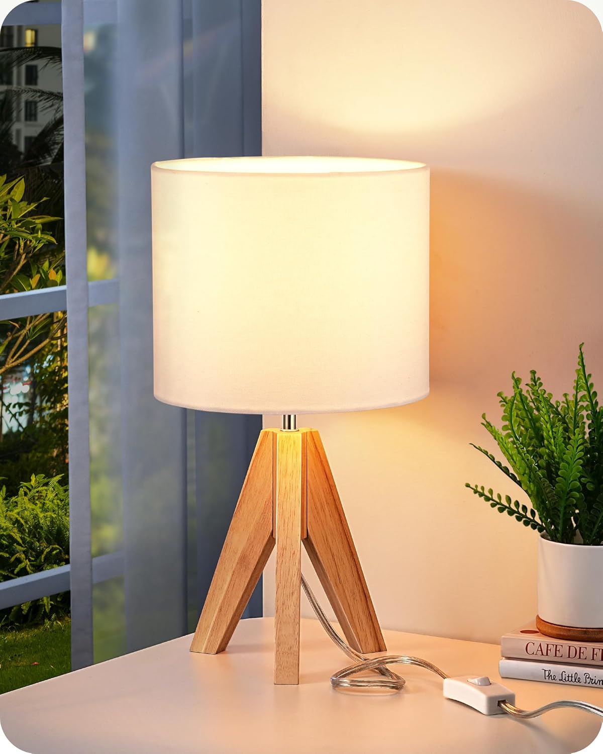 Linen Boho Wood Bedside Lamp — 2" — Art Deco