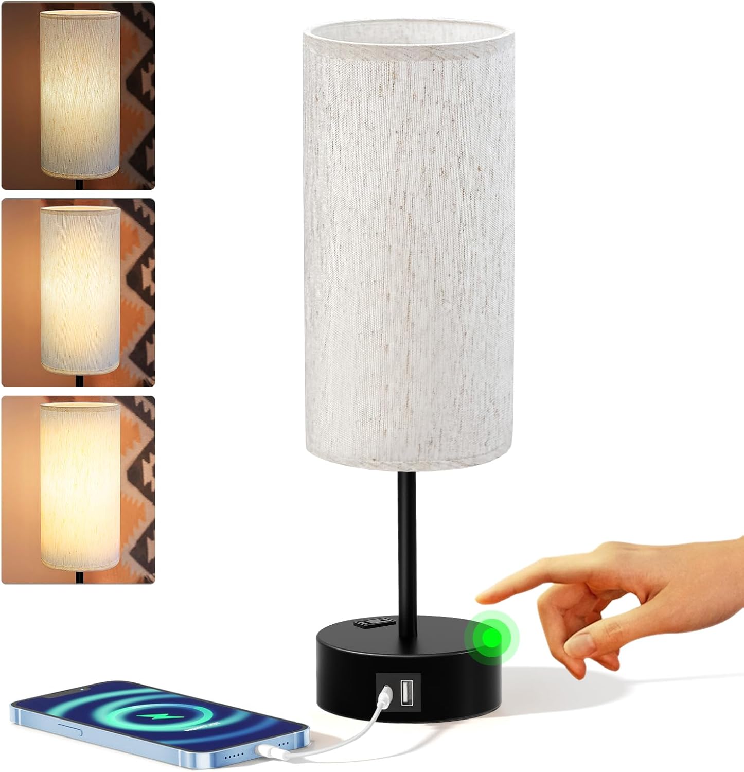 Dimmable Beige Bedside Lamp — 14" — 14" Small Size Touch Control