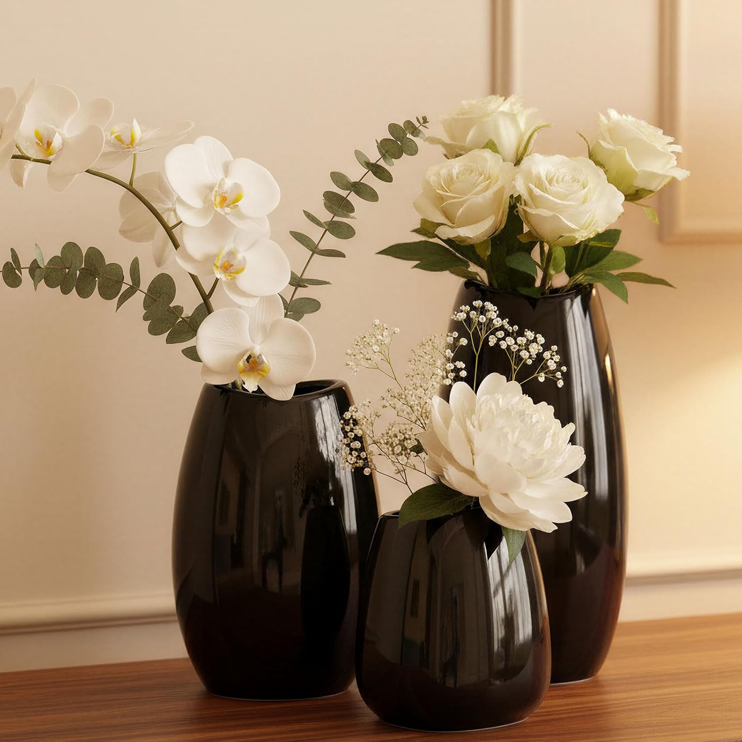 Modern Black Flower Vase — Set of 3 — Black