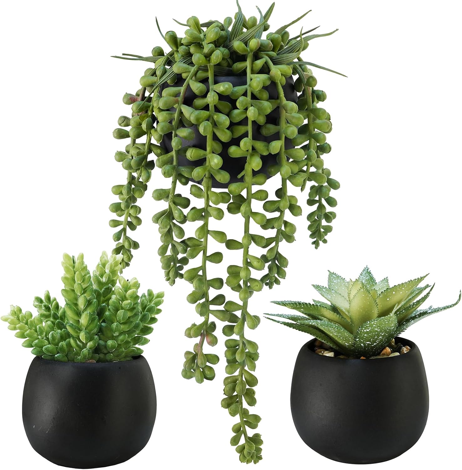 Black Artificial Plant — Set of 3 — Black Cement Pots