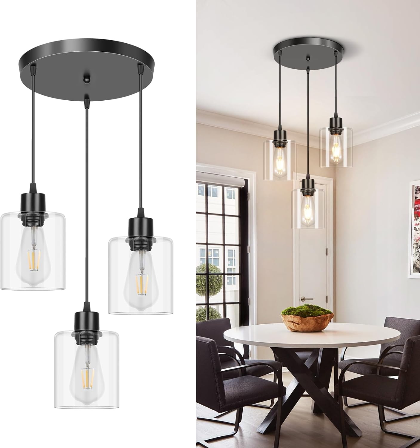 Modern Black Pendant Light — 3-Light — Glass-3 Light