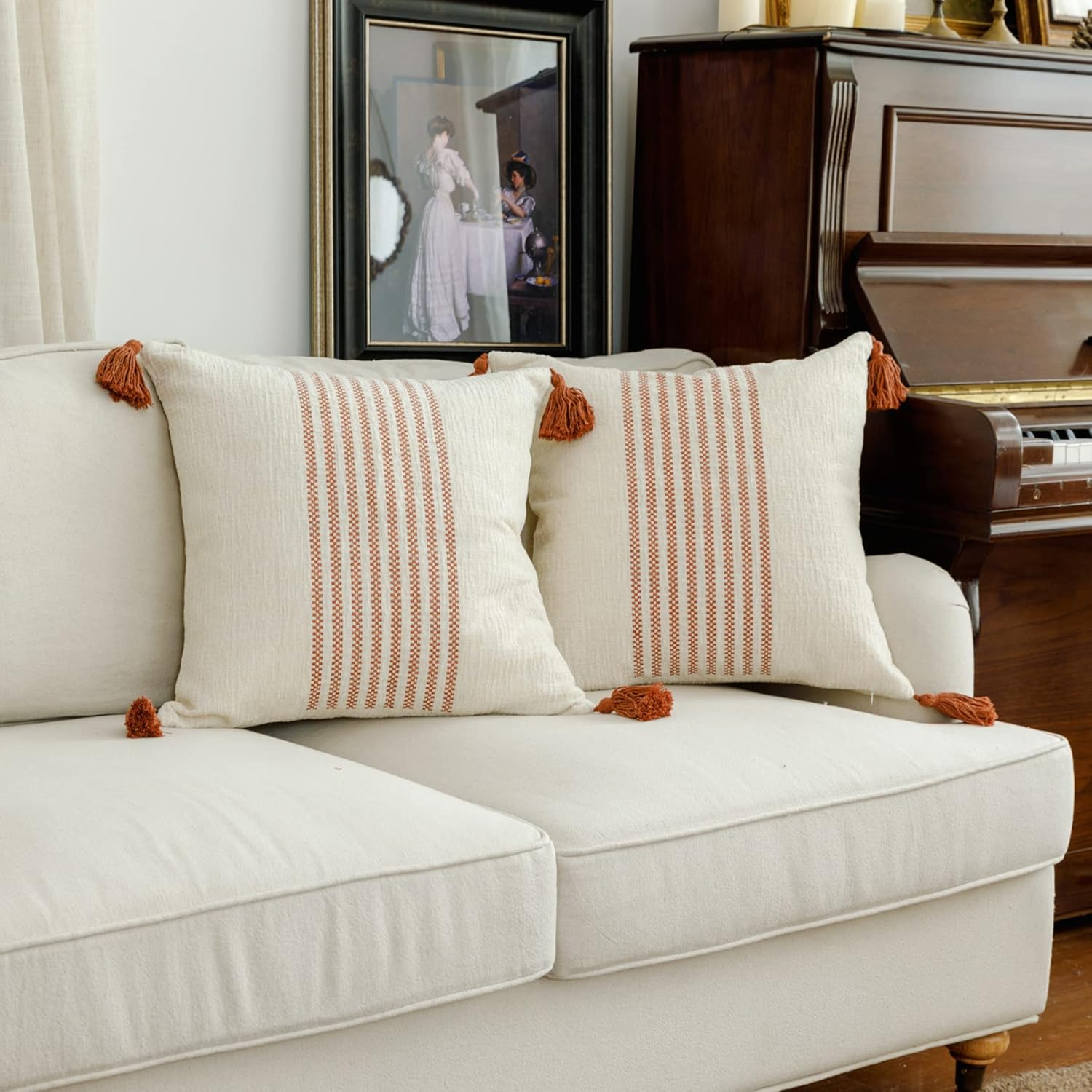 Chenille Boho Beige Throw Pillow Cover — 16" — Rust Stripes Pack of 2