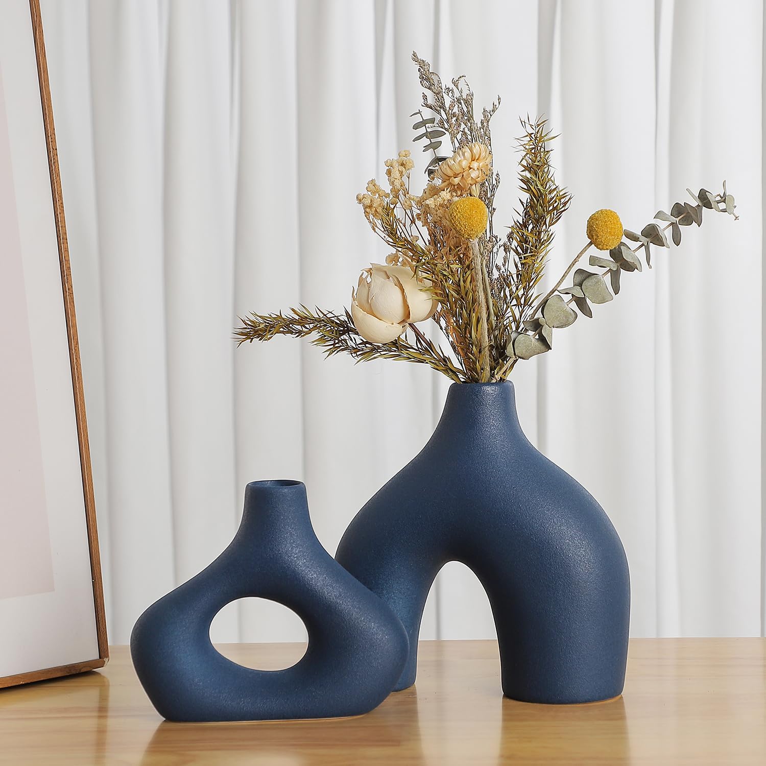 Round Boho Beige Vase Set — Set of 2 — Blue
