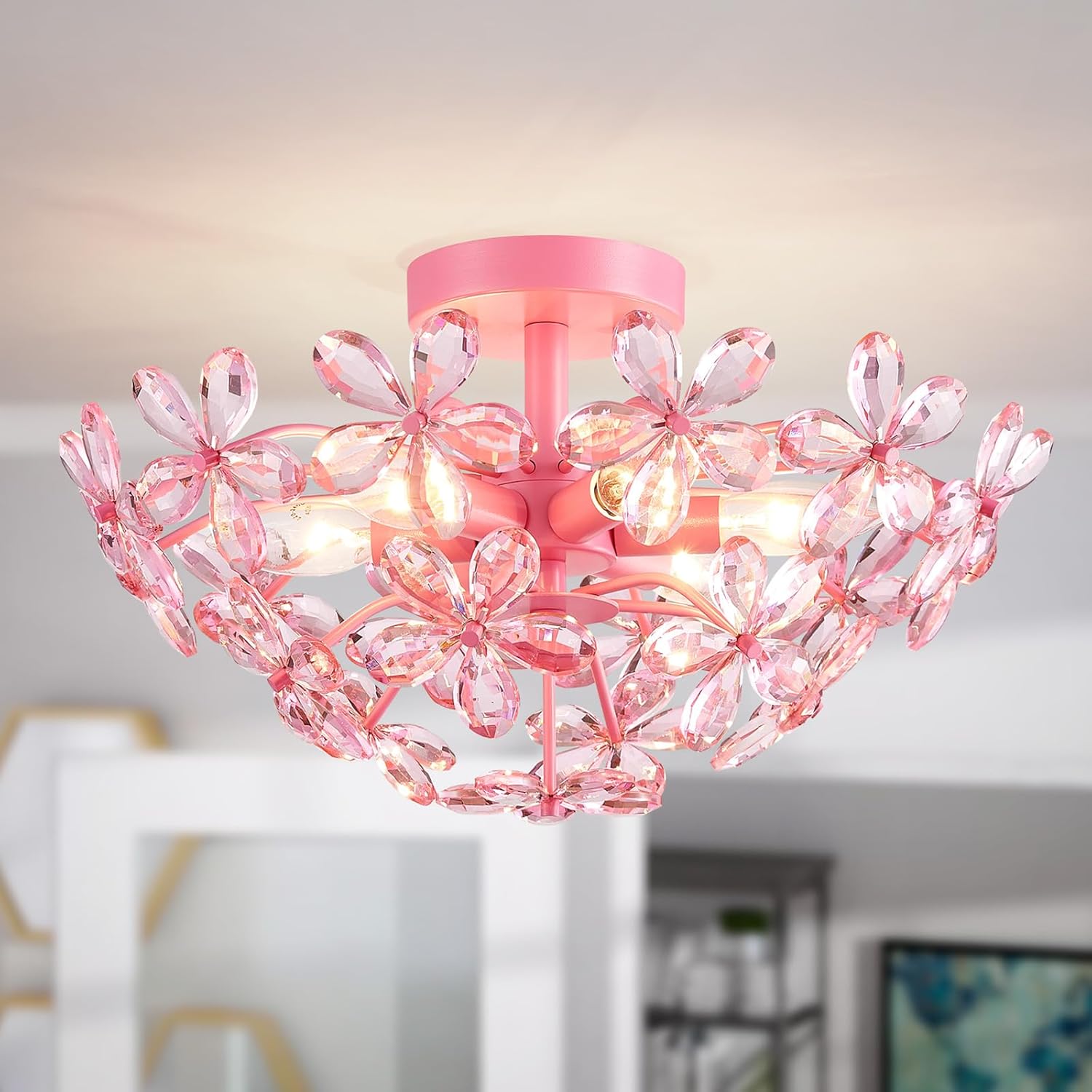 Luxe Black Chandelier — 5-Light — Pink, 6 Lights