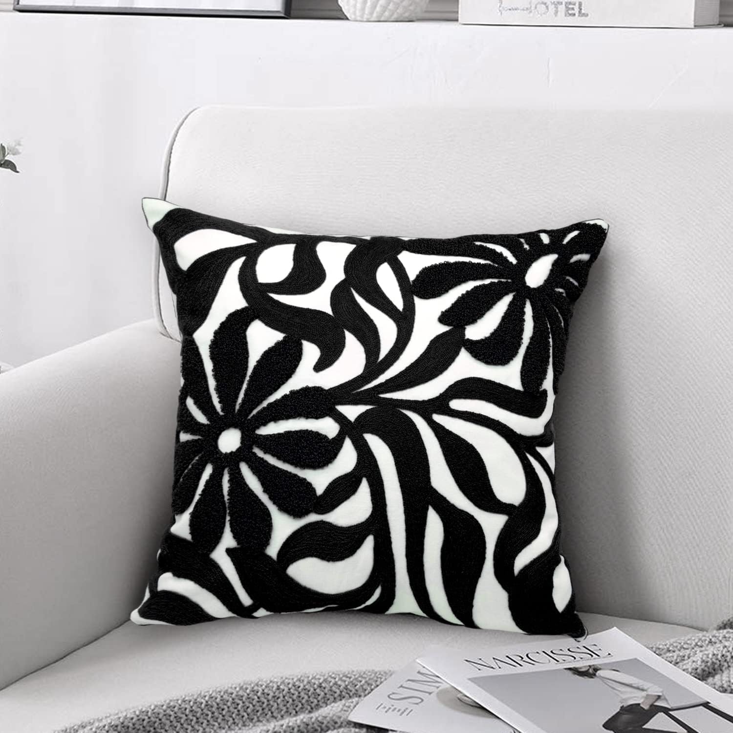 Tufted Boho Beige Throw Pillow Cover — 18" — Black Floral