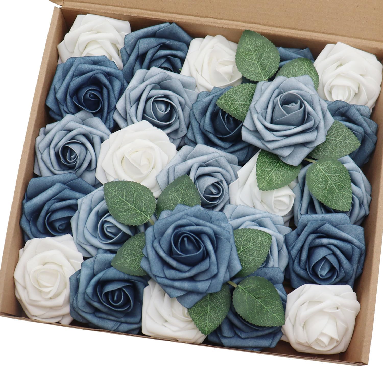 Luxe Blue Artificial Flowers — 3" — White & Dusty Blue Shades