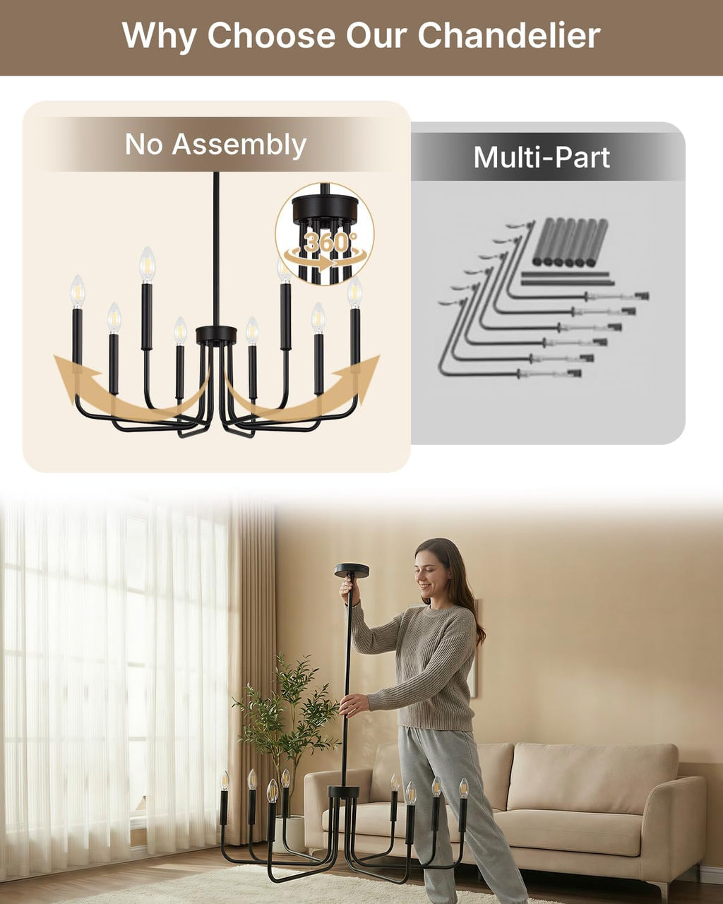 Farmhouse Black Chandelier — 8-Light - View 6