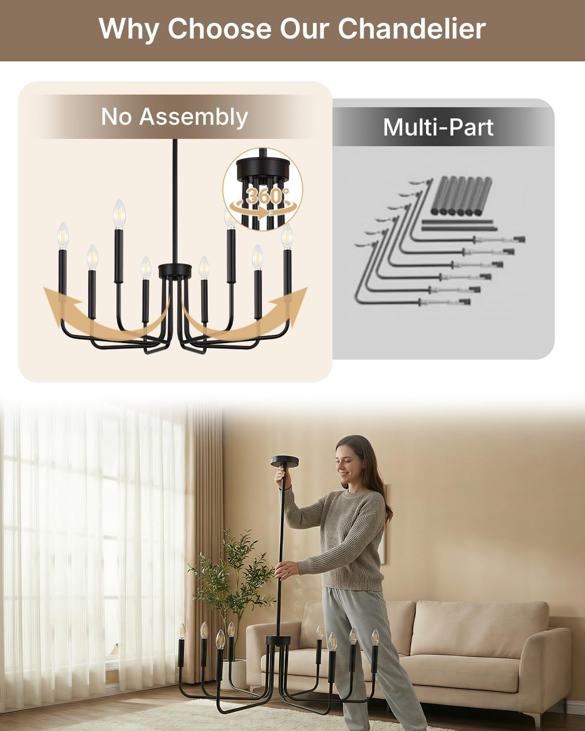 Farmhouse Black Chandelier — 8-Light - View 6